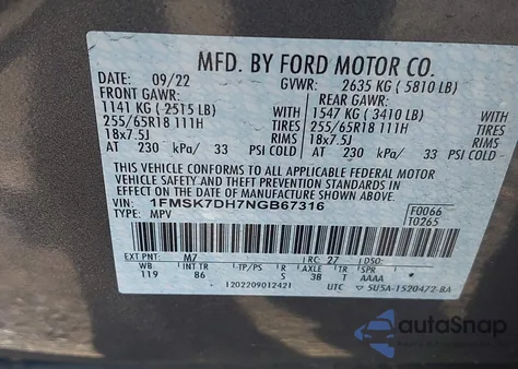 2022 Ford Explorer Xlt z USA, uszkodzony, nr VIN 1FMSK7DH7NGB67316